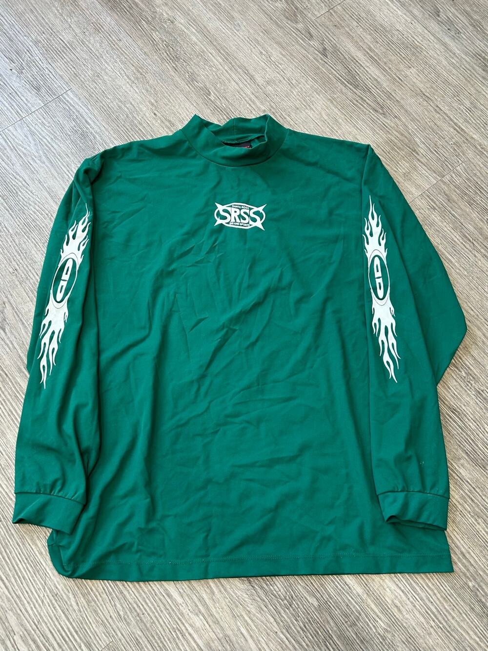 Vintage Detonate Santa Rosa Ski Sports Mock Neck Flame Sleeve Shirt Mens L Green
